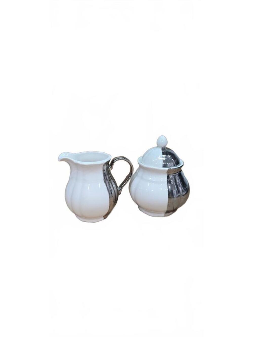 Angelica Ceramic Creamer and Sugar Bowl Set with Metallic Silver Accent